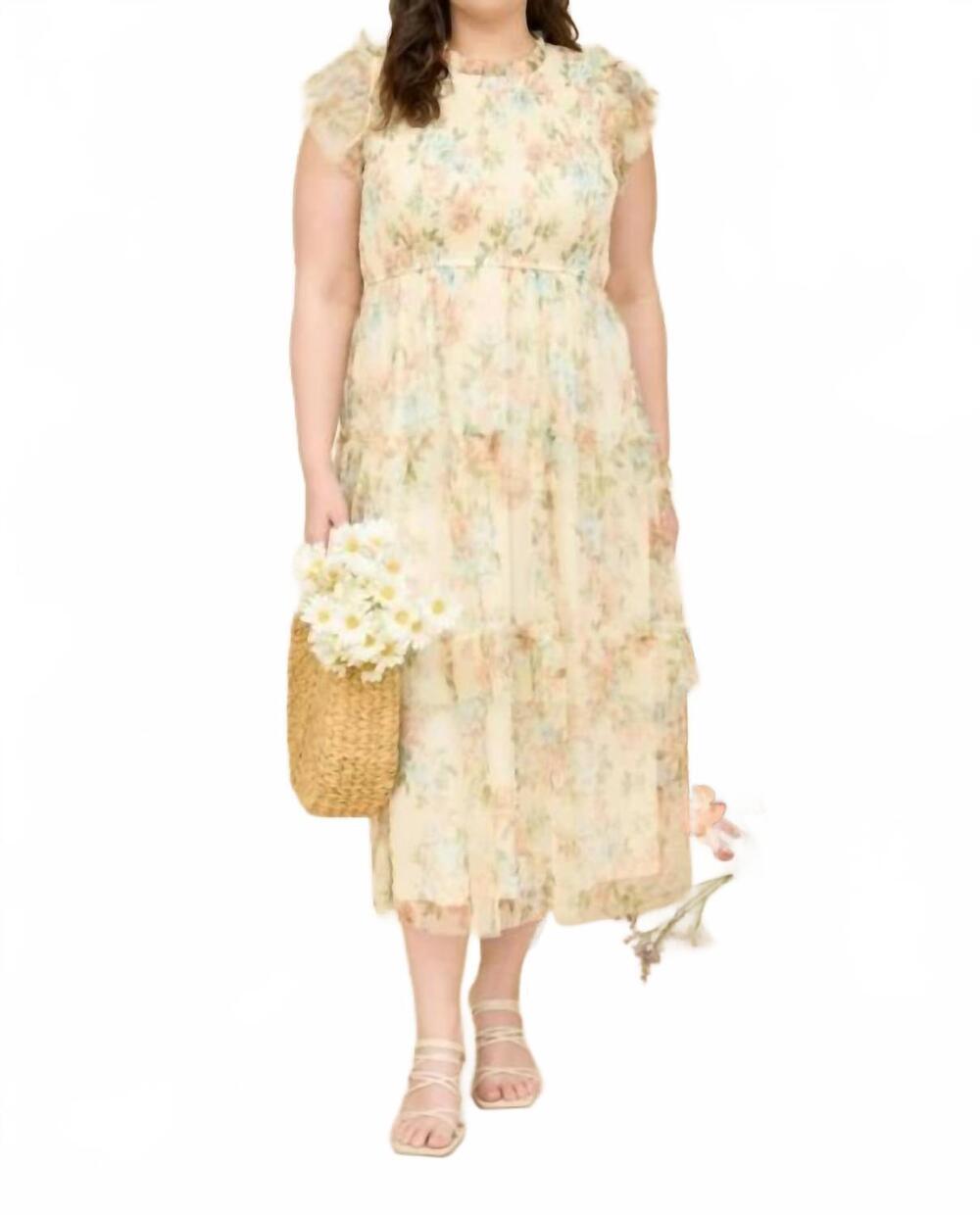 NEW MINE AND E&M floral tulle pattern smocked midi dress - plus in yellow